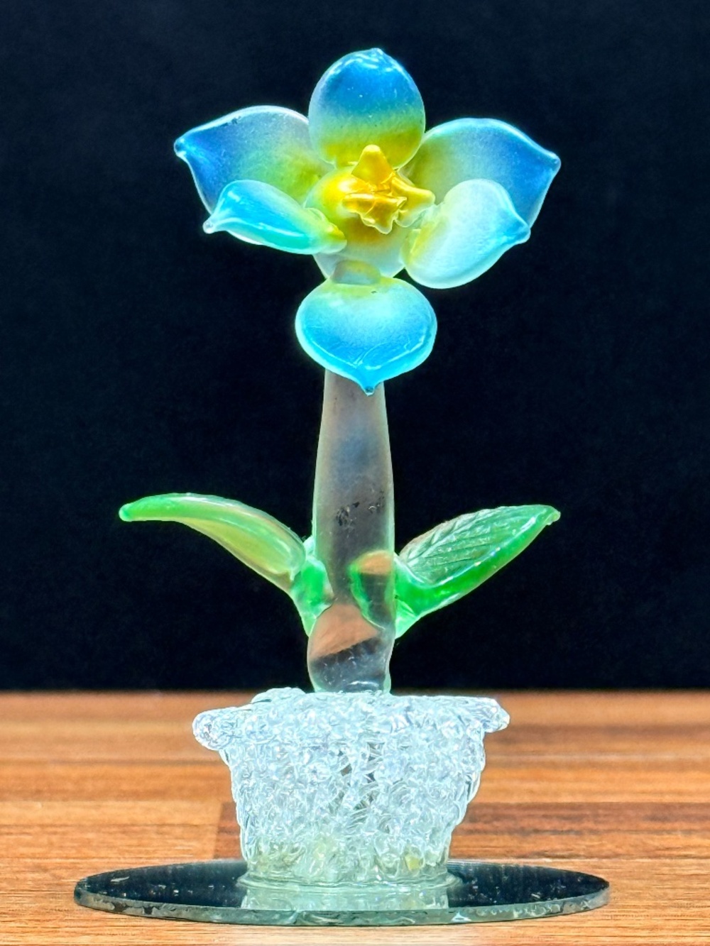 Spun Glass Miniature Blue Flower Figurine